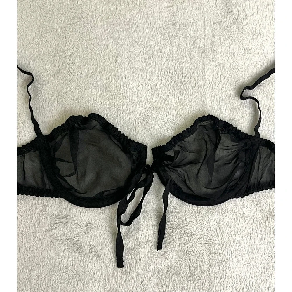SKIMS Romance 36A Balconette Bra Onyx 100% Silk Sheer Underwire BA-BAL-3679